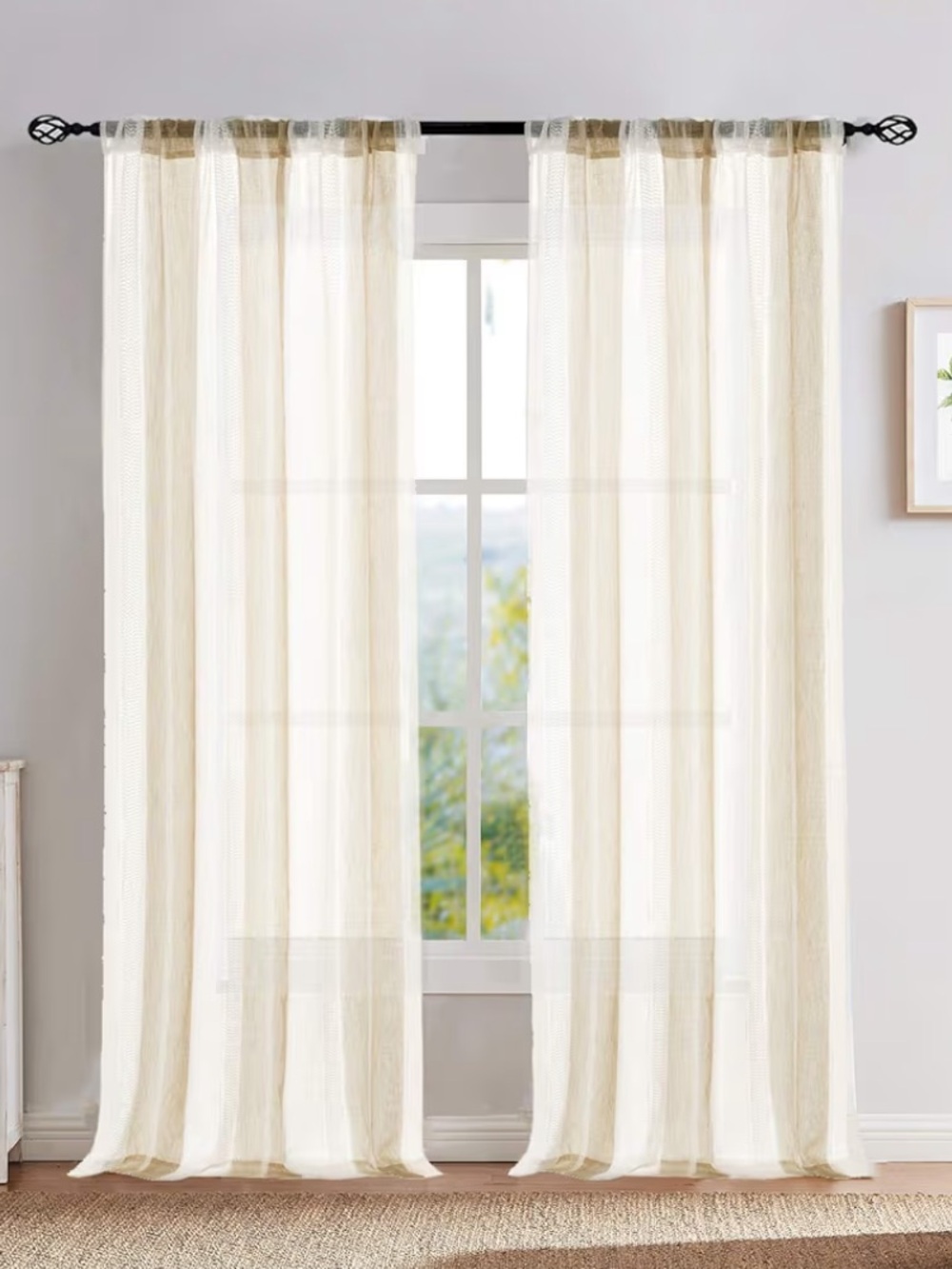 Neutral Beige Sheer Stripe Curtains - Lightweight Sheer Panels